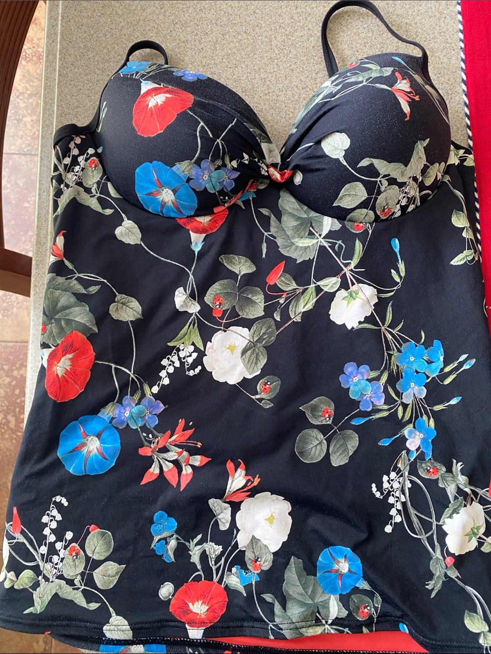 Chantelle Black Floral Chemise with Red, Blue & White Blooms